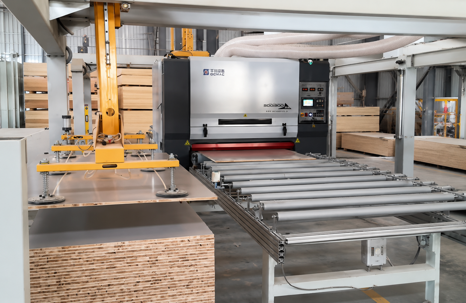 Wood panel sanding machine for abrasive belt applications